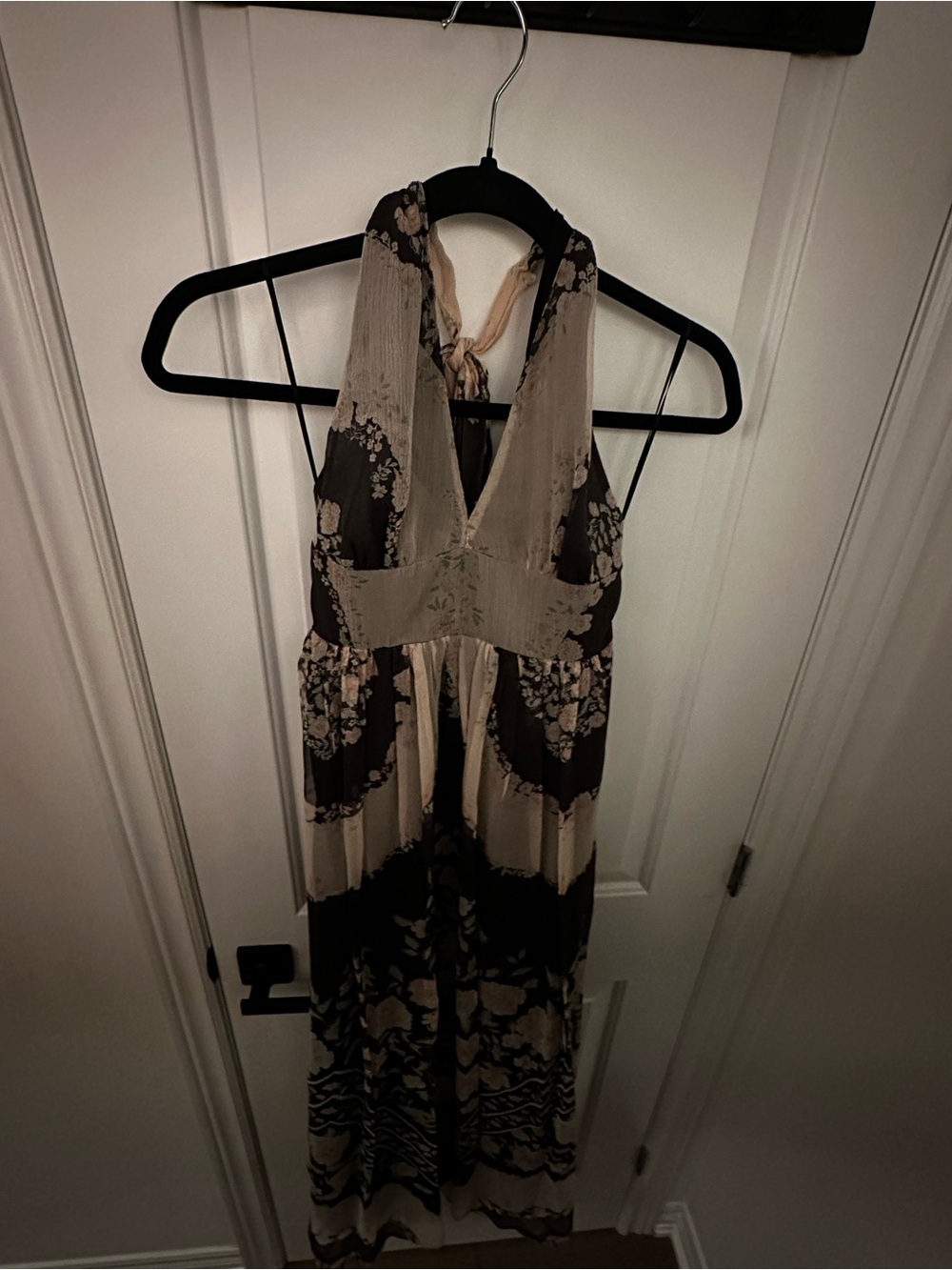 Mango Beige and Brown Floral Halter Maxi Dress with V-Neck